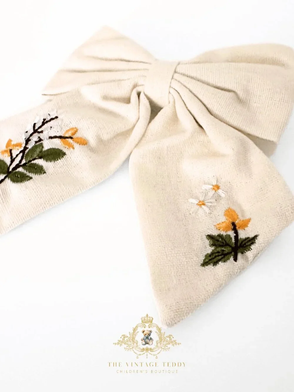 NWT Lovely Girls Embroidered Floral Hair Bow Clip-On Kids Hair Accessory Cream